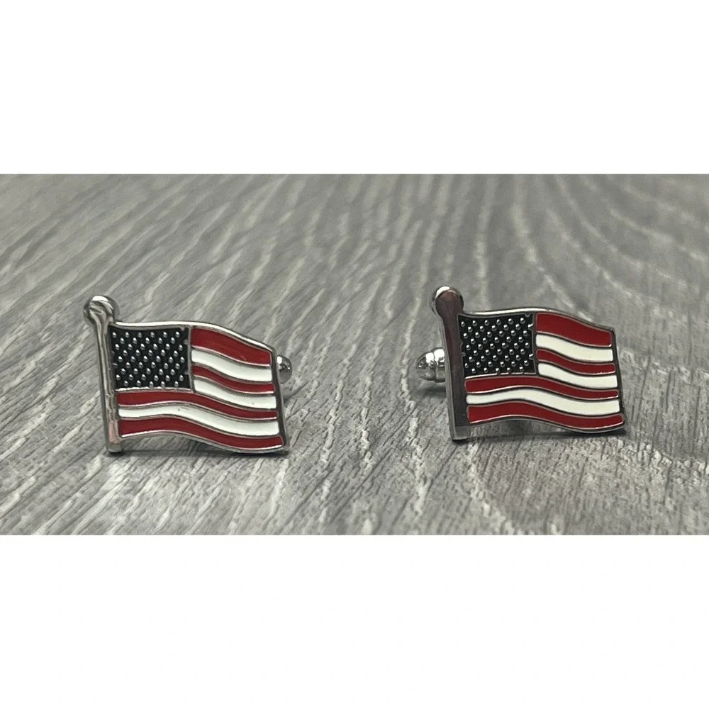 American Flag Cufflinks Men's Patriotic USA Red White Blue Silver Tone Accessory